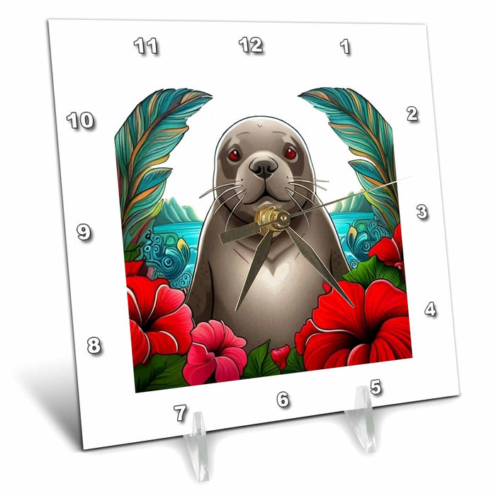 Desk Clock - Cartoon Tattoo Art Of Hawaiian Monk Seal With Hibiscus Vector Art - Hawaii State Mammal Flower