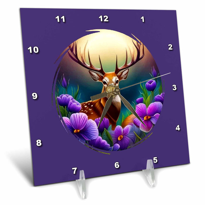 Desk Clock - White-tailed Illinois Deer With Violets Colored Tattoo Art Vector Art - Illinois State Mammal Flower