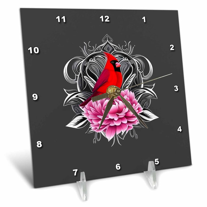 Desk Clock - Cardinal Bird With Peony Color Indiana State Tattoo Art Vector Art - Indiana State Mammal Flower