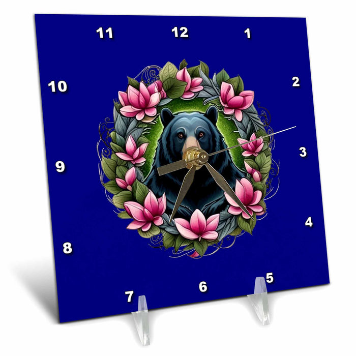 Desk Clock - Black Bear With Magnolia Wreath Louisiana State Tattoo Art Vector Art - Louisiana State Mammal