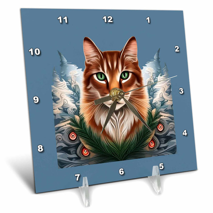 Desk Clock - State Cat With White Pine Maine State Tattoo Art Vector Art - Maine State Mammal Flower