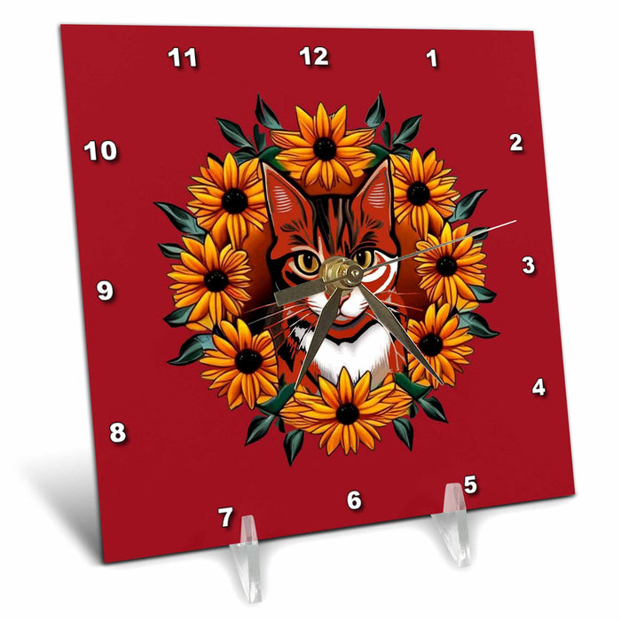 Desk Clock - Calico Cat With Black-eyed susan Maryland State Tattoo Art Vector Art - Maryland State Mammal Flower