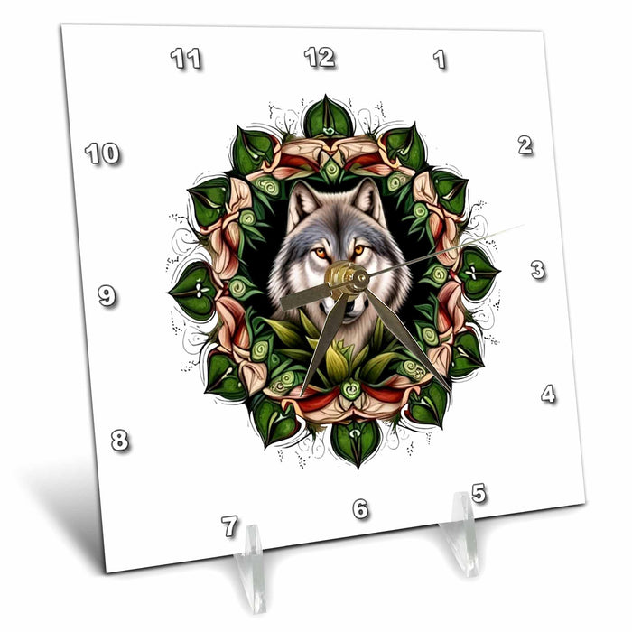 Desk Clock - A Timber Wolf Surrounded By Ladys Slipper Minnesota State Tattoo Art Vector Art - Minnesota Mammal Flower