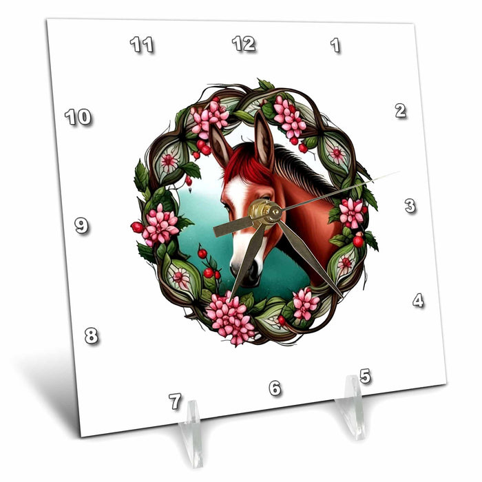 Desk Clock - A Mule Surrounded By Hawthorn Wreath Missouri State Tattoo Art Vector Art - Missouri Mammal Flower