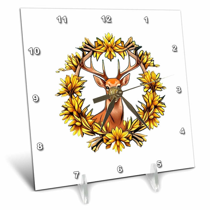 Desk Clock - A White Tailed Deer Surrounded By Goldenrod Nebraska State Tattoo Art Vector Art - Nebraska Mammal Flower