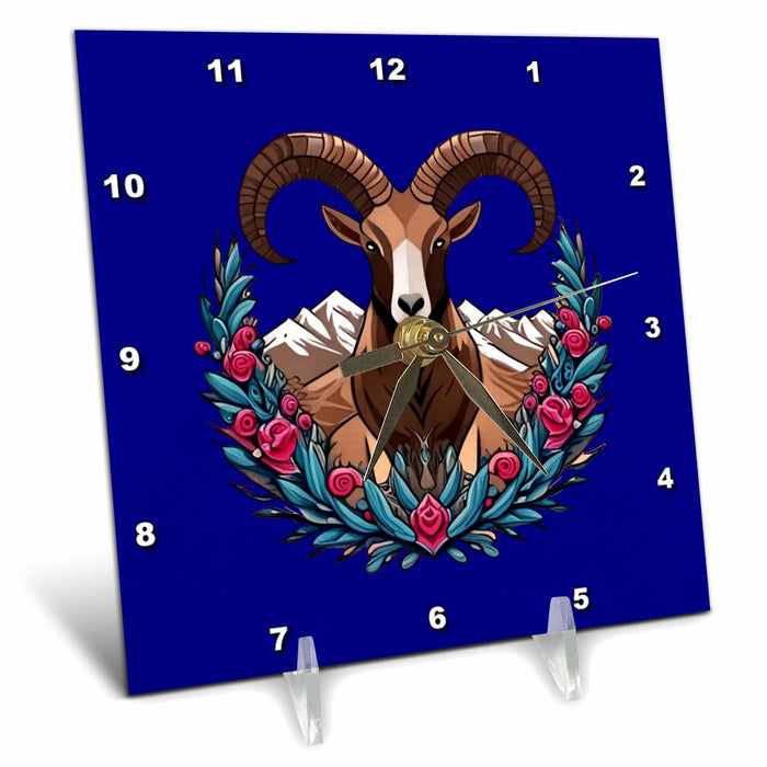 Desk Clock - Desert Bighorn Sheep Surrounded By Sagebrush Nevada State Tattoo Art Vector Art - Nevada Mammal Flower