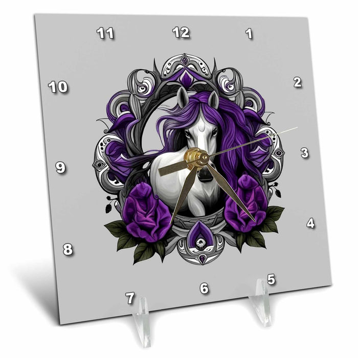 Desk Clock - Horse Surrounded By Purple Violet Flowers New Jersey State Tattoo Art Vector Art - New Jersey Mammal Flower