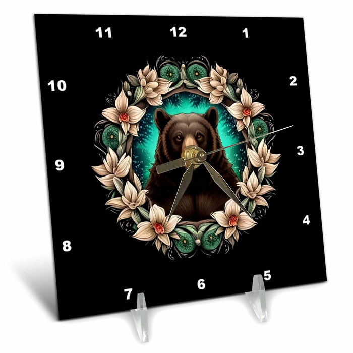 Desk Clock - Black Bear Surrounded By Yucca flower New Mexico State Tattoo Art Vector Art - New Mexico Mammal Flower