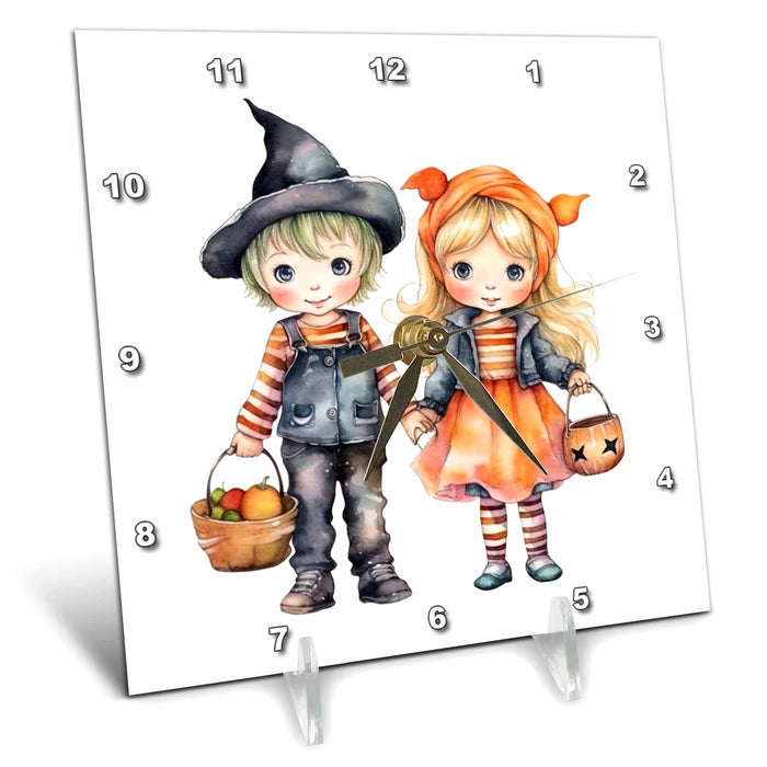 Desk Clock - Halloween Trick Or Treat Boy and Girl Illustration Illustrations