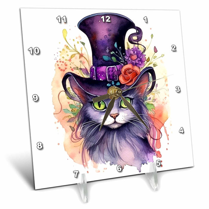 Desk Clock - Purple Halloween Cat In A Floral Top Hat Illustration Illustrations