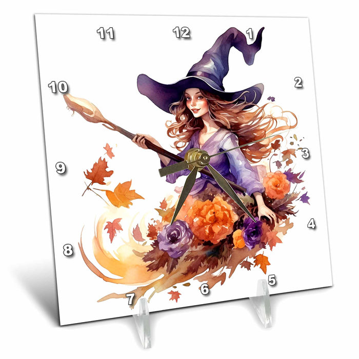 Desk Clock - Pretty Floral Witch and Her Broom Illustration Illustrations