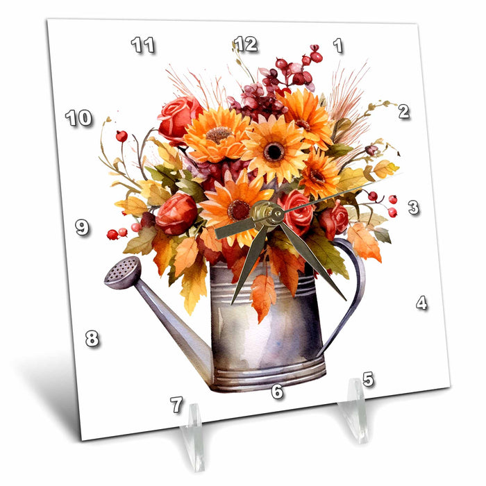 Desk Clock - Pretty Watering Can Full Of Fall Flowers Illustration Illustrations