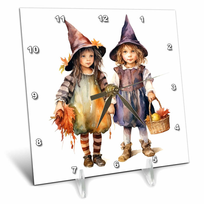 Desk Clock - Cute Little Girl Trick Or Treat Witches Illustration Illustrations