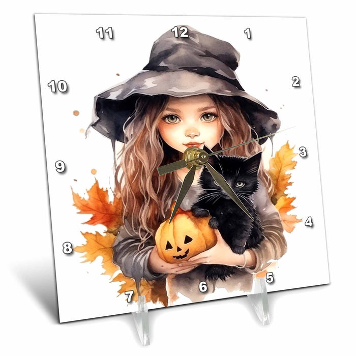 Desk Clock - Pretty Little Girl Witch With A Black Cat and Jack O Lantern Illustrations