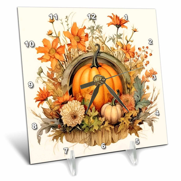 Desk Clock - Pretty Fall Floral and Pumpkin Scene Illustration Illustrations