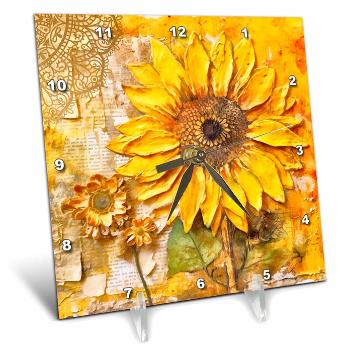 Desk Clock - Sunflower and Image of Lace Newsprint Junk Journal Background Backgrounds - Anne Marie Baugh