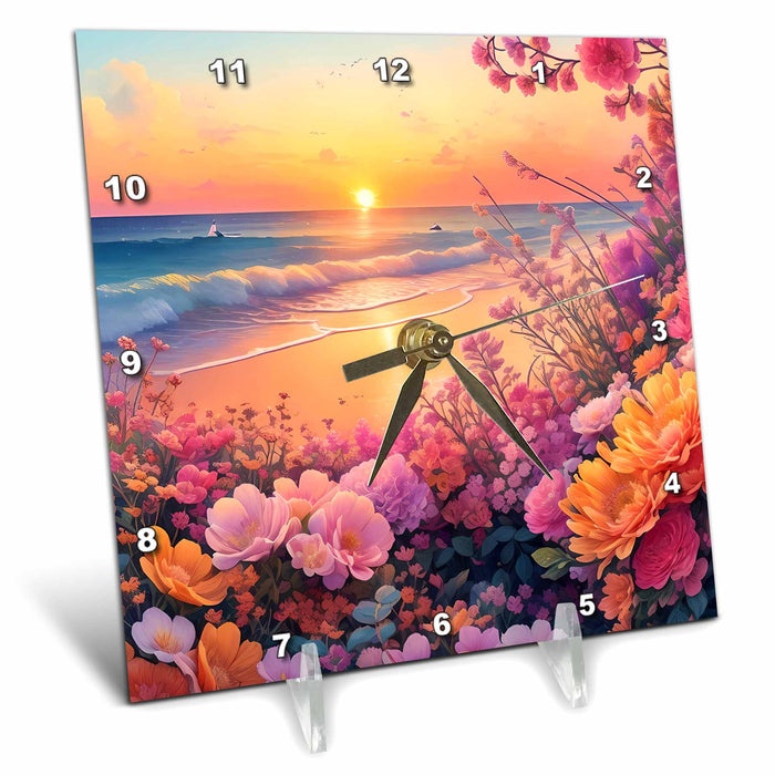 Desk Clock - Pretty Pink Flower Beach Scene Background Backgrounds - Anne Marie Baugh