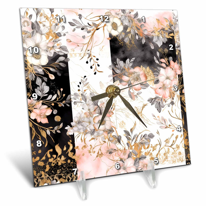 Desk Clock - Elegant Pink Floral and Image Of Gold Against Black and White Backgrounds - Anne Marie Baugh