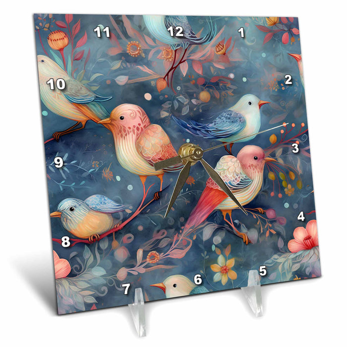 Desk Clock - Cute Birds and Leaves Background Backgrounds - Anne Marie Baugh