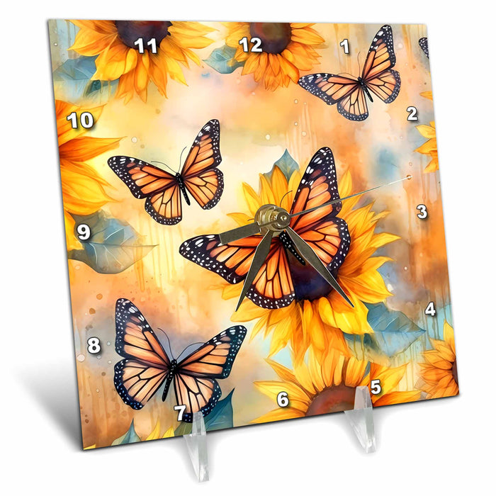 Desk Clock - Bright Yellow and Orange Sunflowers And Monarch Butterflies Backgrounds - Anne Marie Baugh