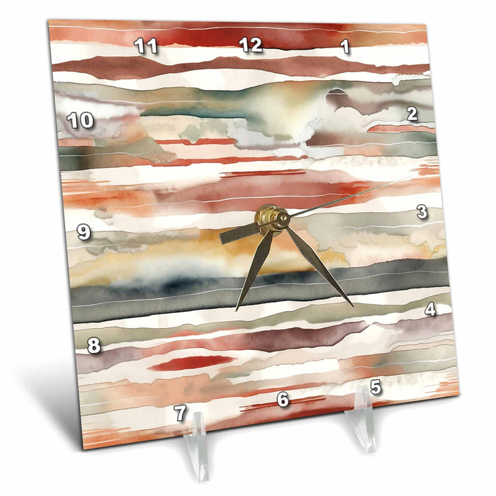 Desk Clock - Modern Red, Green, Beige Image Of Watercolor Uneven Stripes Backgrounds - Anne Marie Baugh