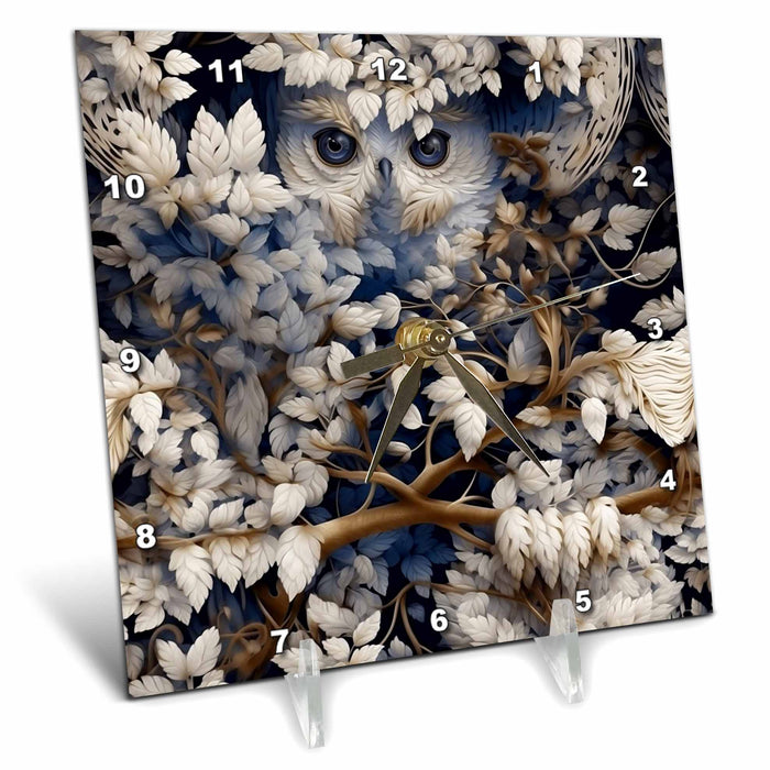 Desk Clock - White Leaves and An Owl Background Backgrounds - Anne Marie Baugh