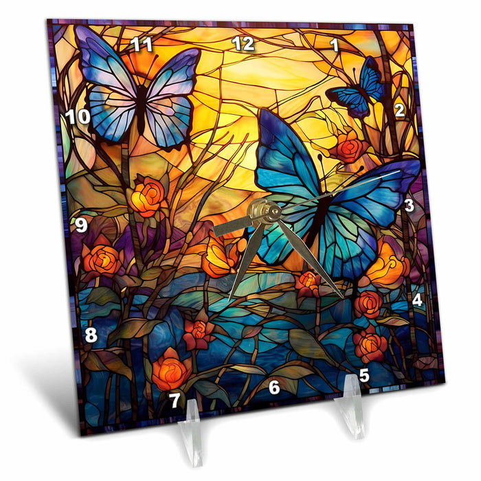 Desk Clock - Pretty Image Of Stained Glass Butterflies and Flowers Background Backgrounds - Anne Marie Baugh