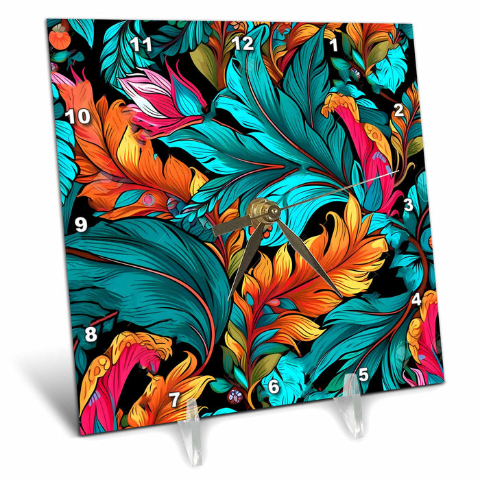 Desk Clock - Bright Teal Orange and Pink Feather Background Backgrounds - Anne Marie Baugh