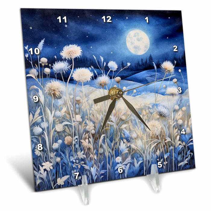 Desk Clock - Blue Full Moon Night Sky and Flowers Background Backgrounds - Anne Marie Baugh