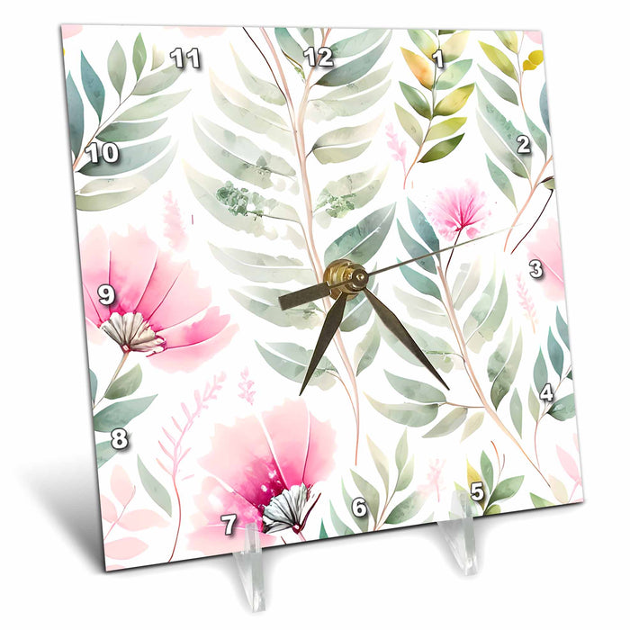 Desk Clock - Pretty Pink Flowers and Leaves Background Backgrounds - Anne Marie Baugh