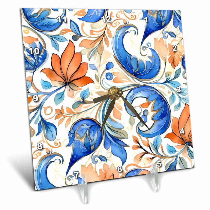 Desk Clock - Blue and Orange Flourish and Flowers Background Backgrounds - Anne Marie Baugh