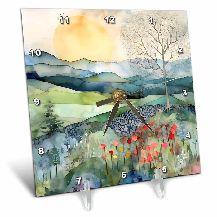 Desk Clock - Pretty Mountains and Meadow Collage Background Backgrounds - Anne Marie Baugh