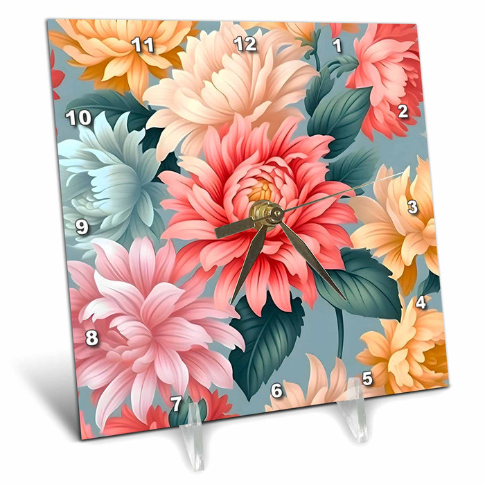 Desk Clock - Pretty Coral, Pink, and Aqua Flower Background Backgrounds - Anne Marie Baugh