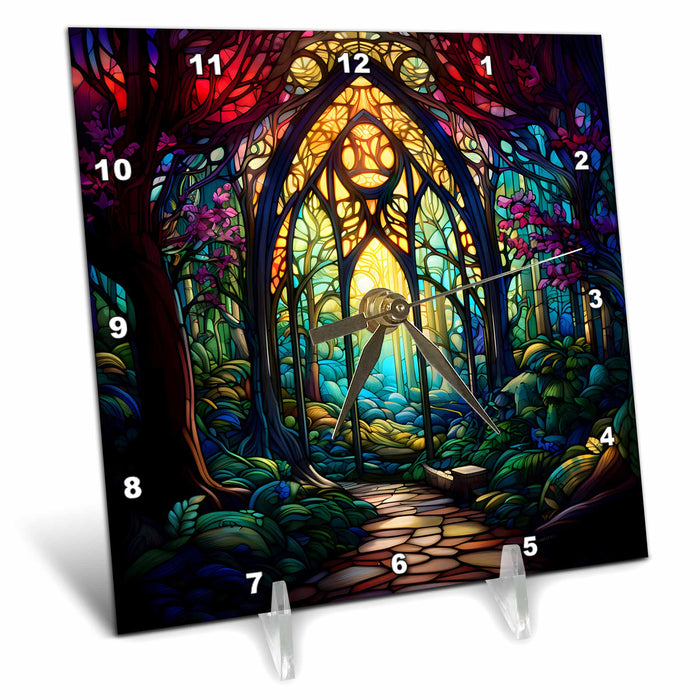 Desk Clock - Fantasy Image Of Stained Glass Forest Background Backgrounds - Anne Marie Baugh