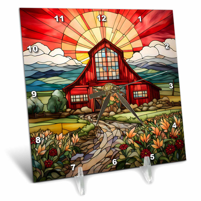 Desk Clock - Red Barn Image Of Stained Glass Country Scene Background Backgrounds - Anne Marie Baugh