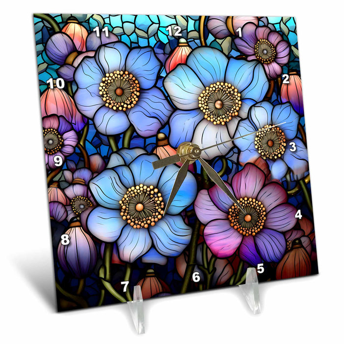 Desk Clock - Pretty Blue and Purple Image Of Stained Glass Anemone Flowers Backgrounds - Anne Marie Baugh