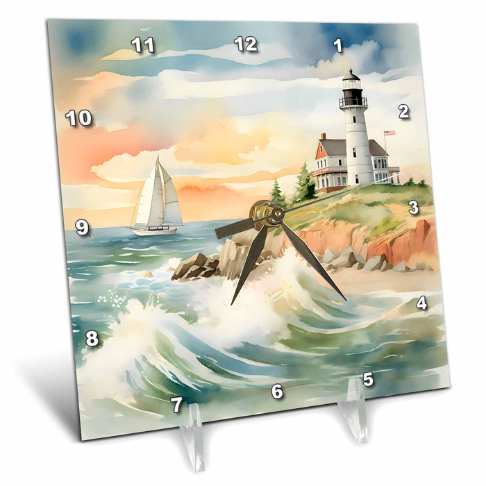 Desk Clock - Pretty Image Of Watercolor Lighthouse and Sailboat Scene Backgrounds - Anne Marie Baugh