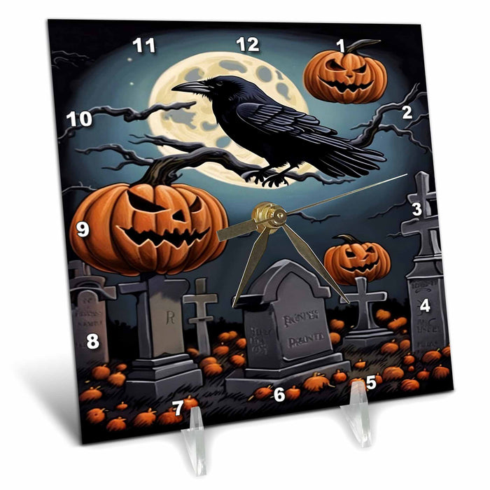 Desk Clock - Halloween Graveyard Friends Fun Spooky Season Art Acrylic Painting - Halloween Graveyard