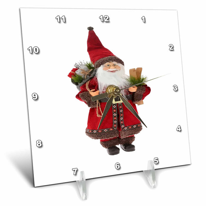 Desk Clock - European Style Santa Claus Carrying Gifts And Skis Vector Art - Vintage Santa Claus Gnome