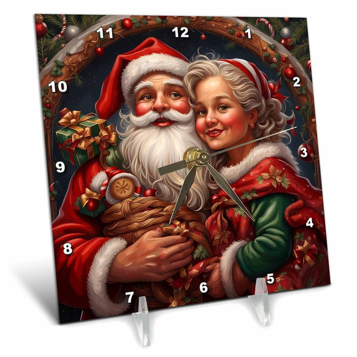 Desk Clock - Nostalgic Mr and Mrs Claus Festive Christmas Couple Acrylic Painting - Mr And Mrs Santa Claus