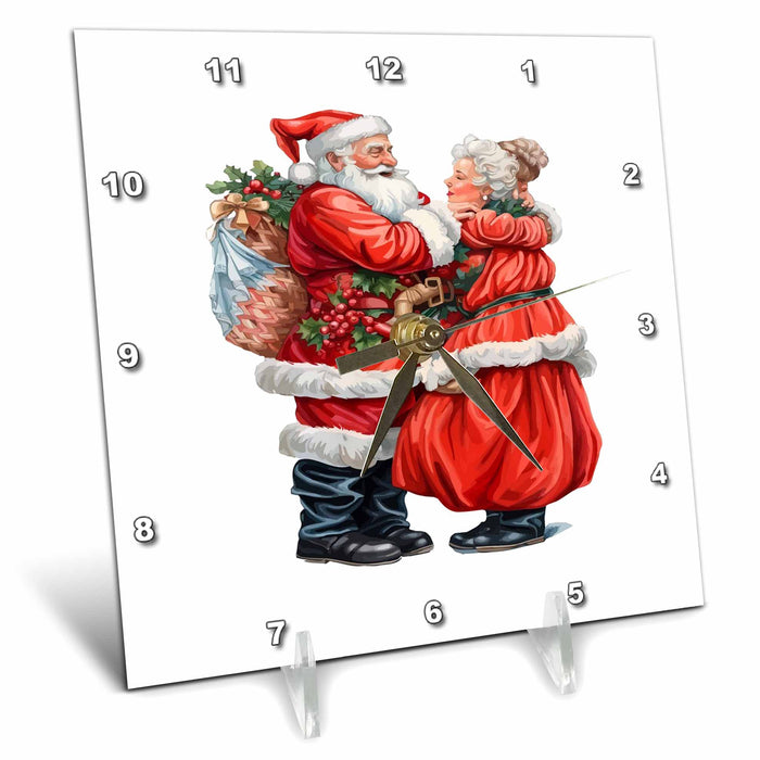 Desk Clock - Mr and Mrs Claus Festive Christmas Couple Acrylic Painting - Mr And Mrs Santa Claus