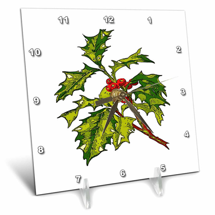 Desk Clock - Black Outline Art Of Christmas Holly Cut Out Vector Art - Holly Berries