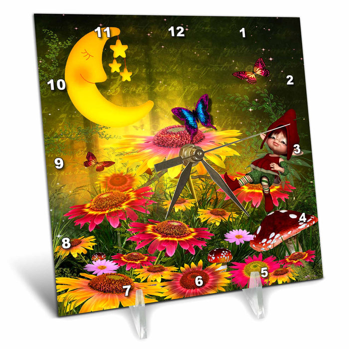 Desk Clock - Sunflowers, fairies, fantasy land a beautiful garden of delights Fantasy