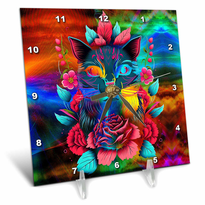 Desk Clock - Abstract vibrant colors with stencil kitty and flowers Cats