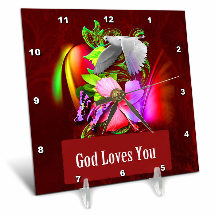 Desk Clock - Beautiful Floral and God Loves You With Dove Religious