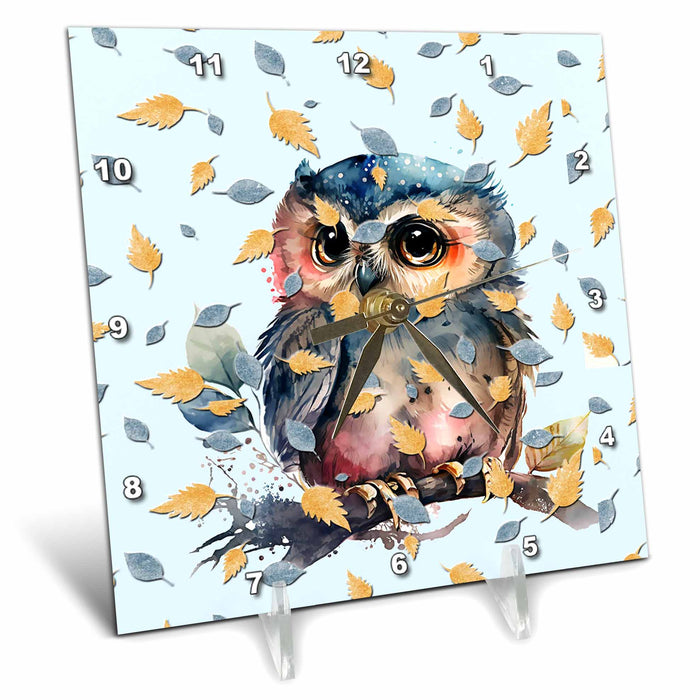 Desk Clock - Baby Owlet with falling autumn leaves just as sweet as it gets Birds