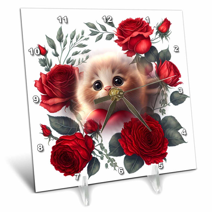 Desk Clock - Red roses and beautiful cat a purrrfect gift Cats