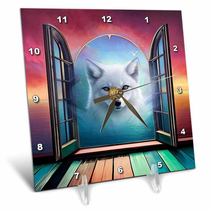 Desk Clock - Doorway to wolf land, beautiful white wolf art Animals