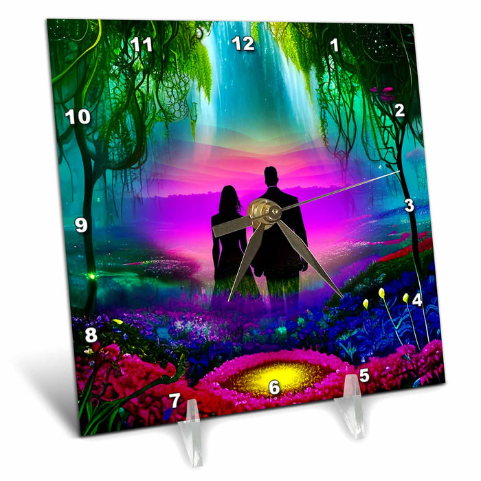 Desk Clock - Bright colored scenery with couple walking into a magenta sunset Love