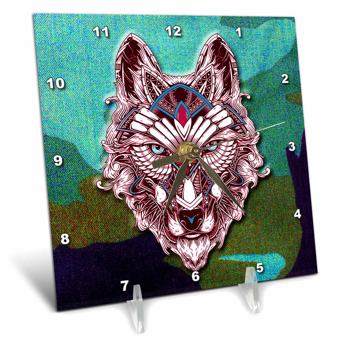 Desk Clock - Tribal wolf art orginal Animals